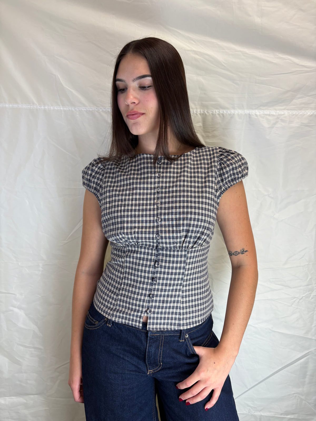 Blueberry Pie Plaid High Neck Button Down Top