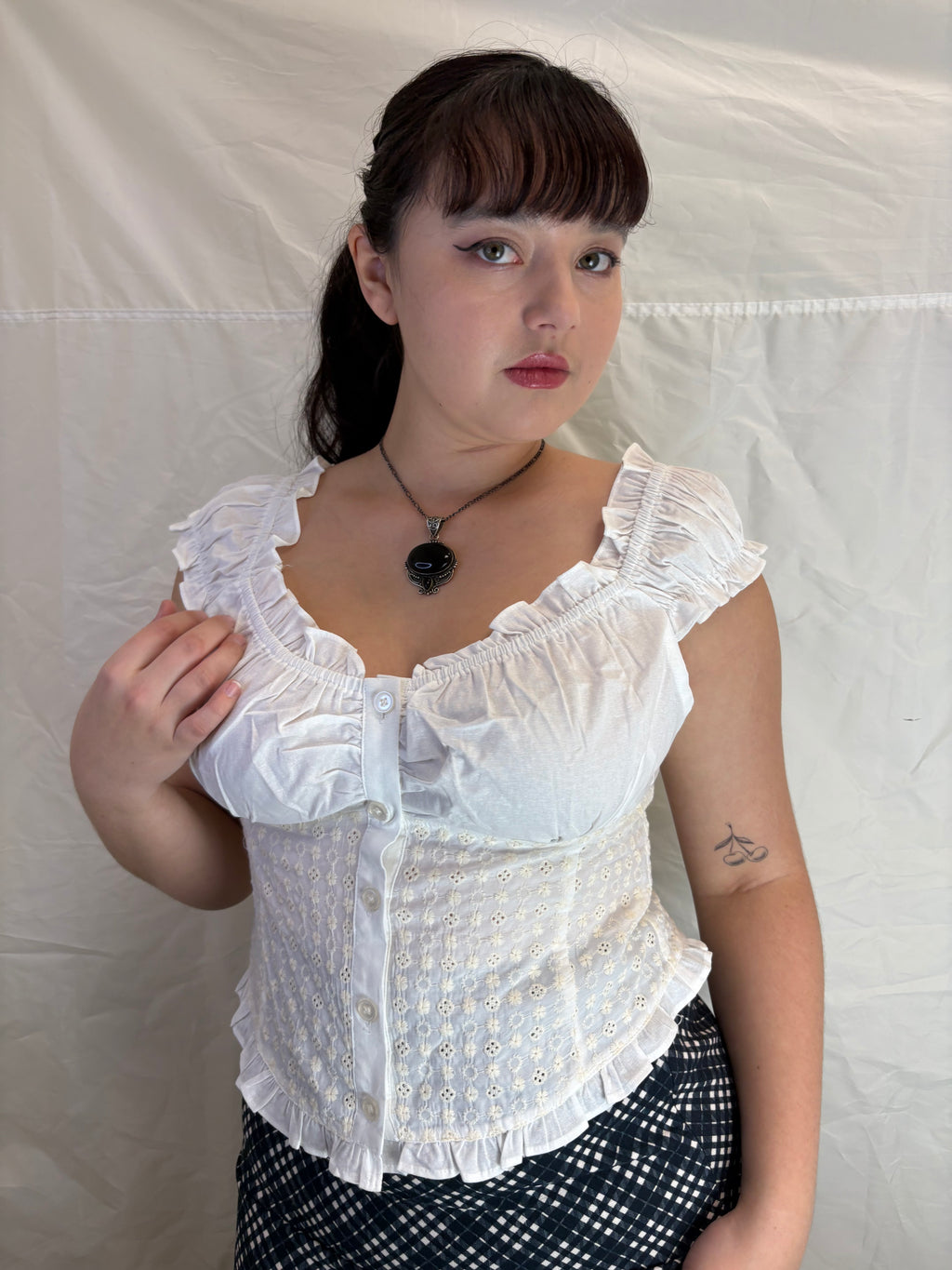 Ruffle White Eyelet Off Shoulder Button Down Blouse