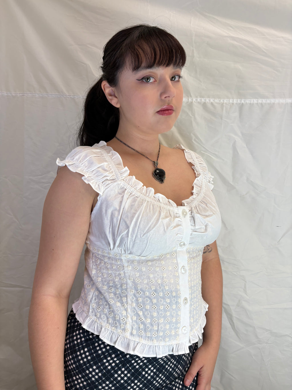 Ruffle White Eyelet Off Shoulder Button Down Blouse