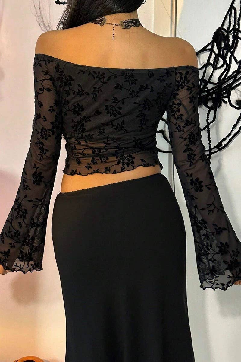 OFF THE SHOULDER FLORAL BELL SLEEVE TOP