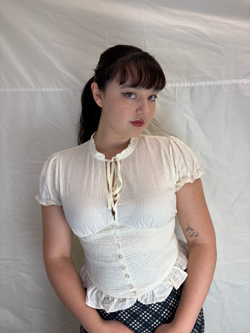 Fluffy Egg White Button Down Smocked Blouse