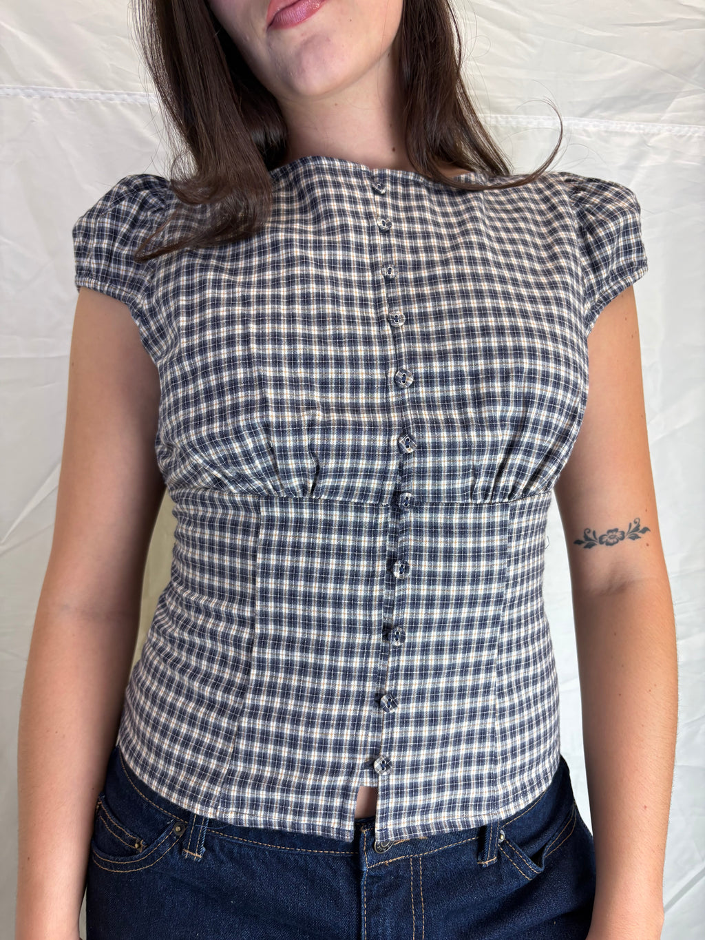 Blueberry Pie Plaid High Neck Button Down Top