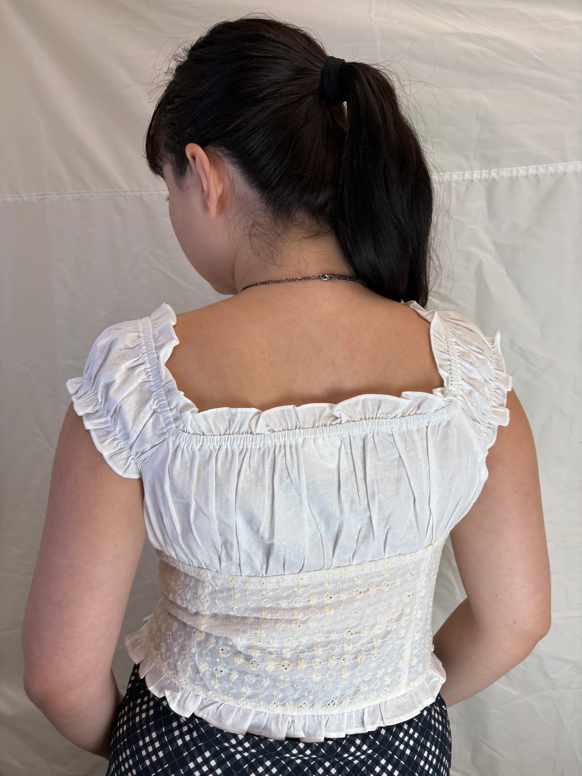 Ruffle White Eyelet Off Shoulder Button Down Blouse