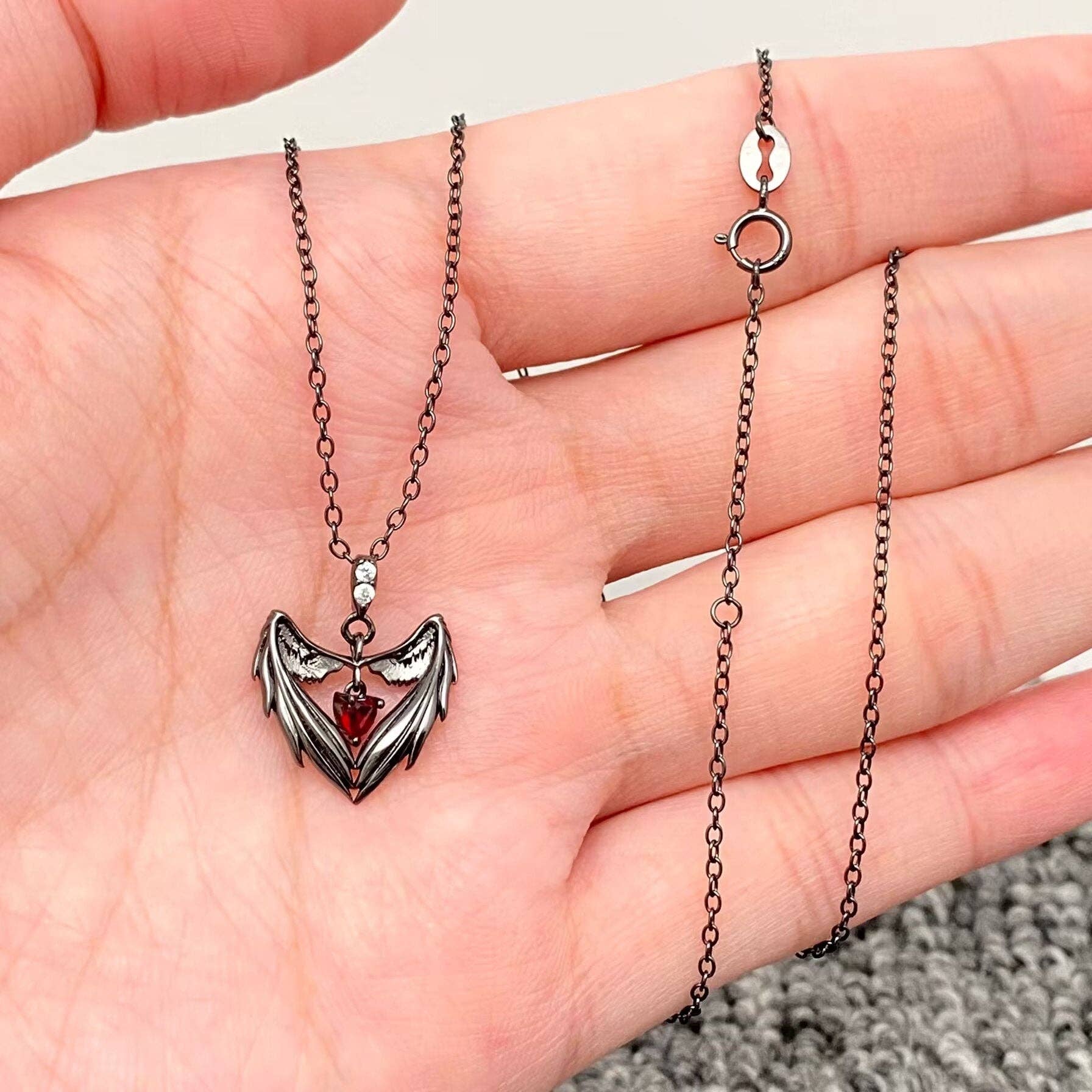 S925 Sterling Silver Black Heart Wing Charm Necklace - GT