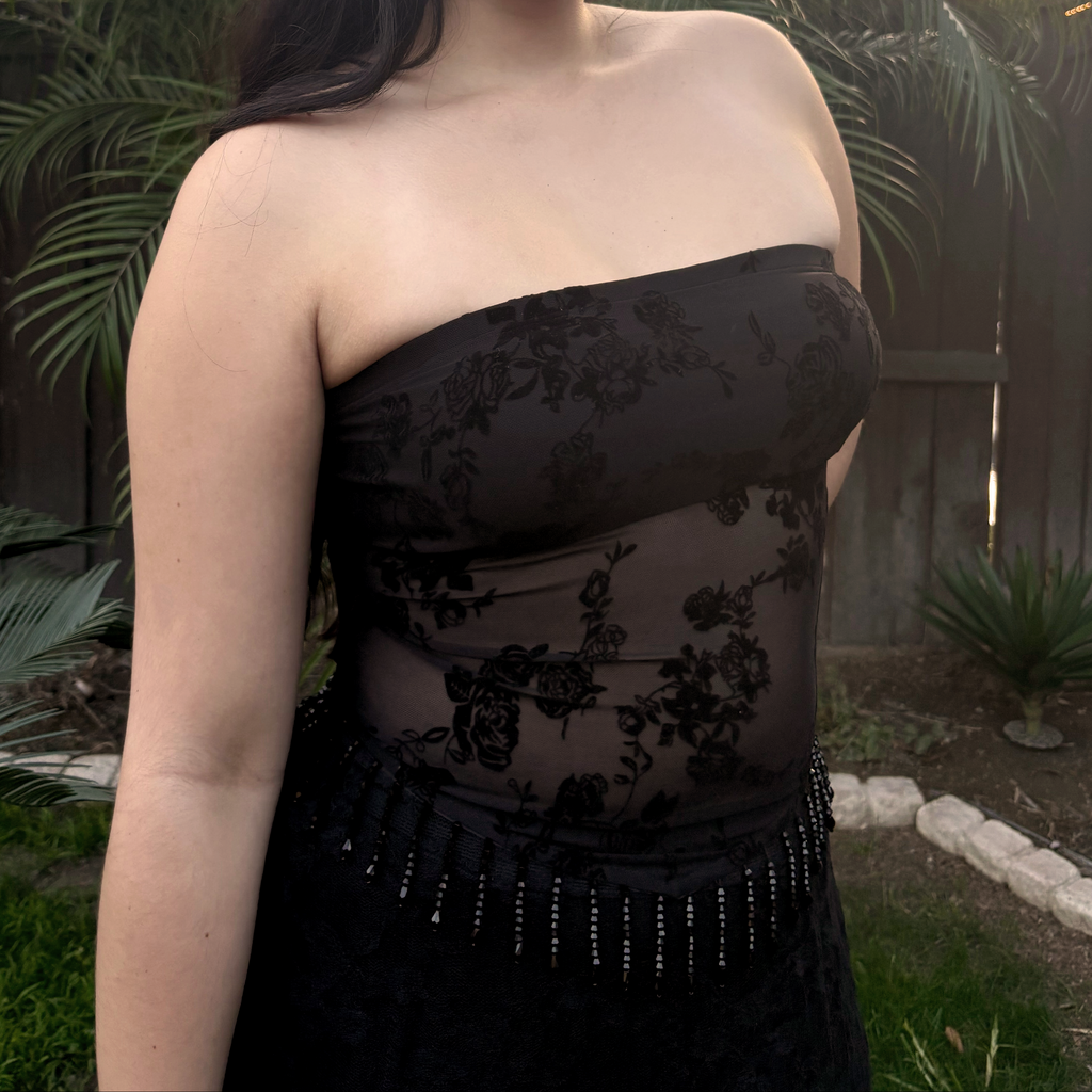 BLACK SHADE FLOCKED BANDEAU TOP