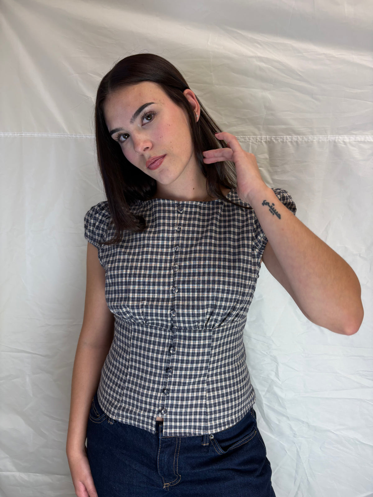 Blueberry Pie Plaid High Neck Button Down Top