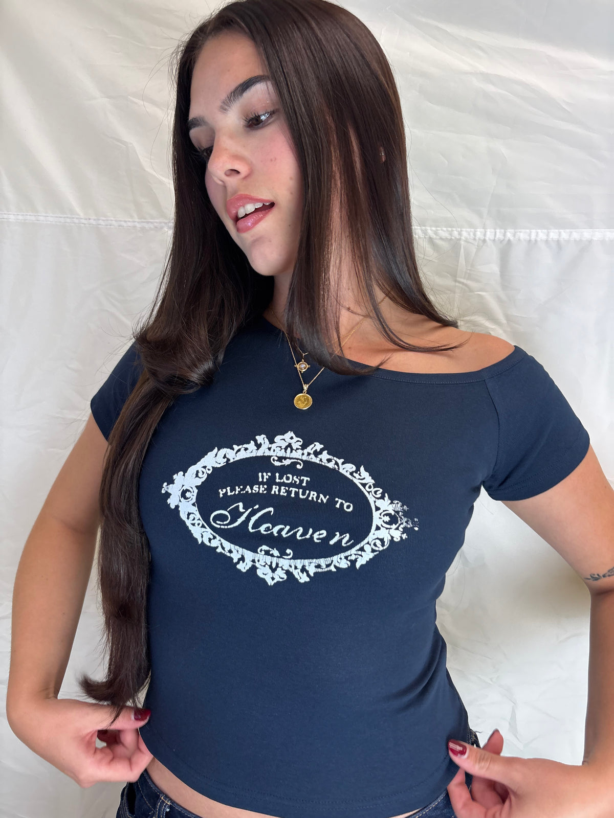 Return To Heaven Navy Off the Shoulder Tee