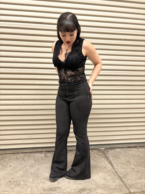 BLACK FLARE FRONT LACE SUEDE VELOUR PANTS