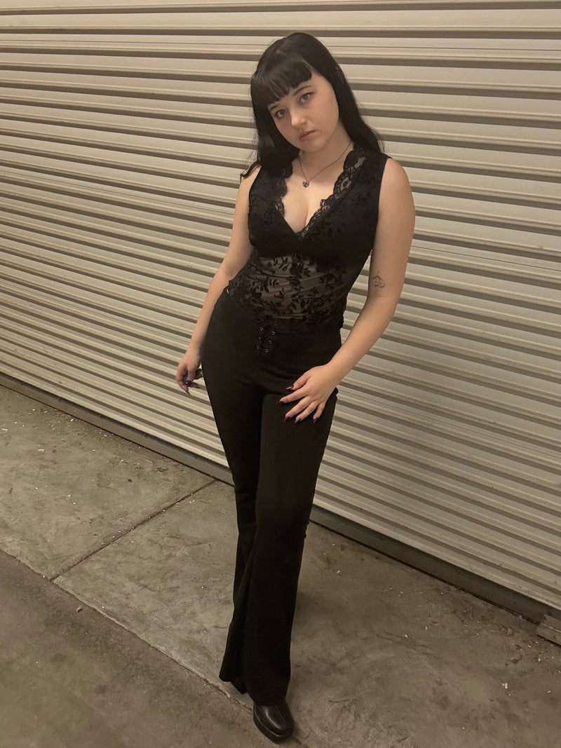 BLACK FLARE FRONT LACE SUEDE VELOUR PANTS