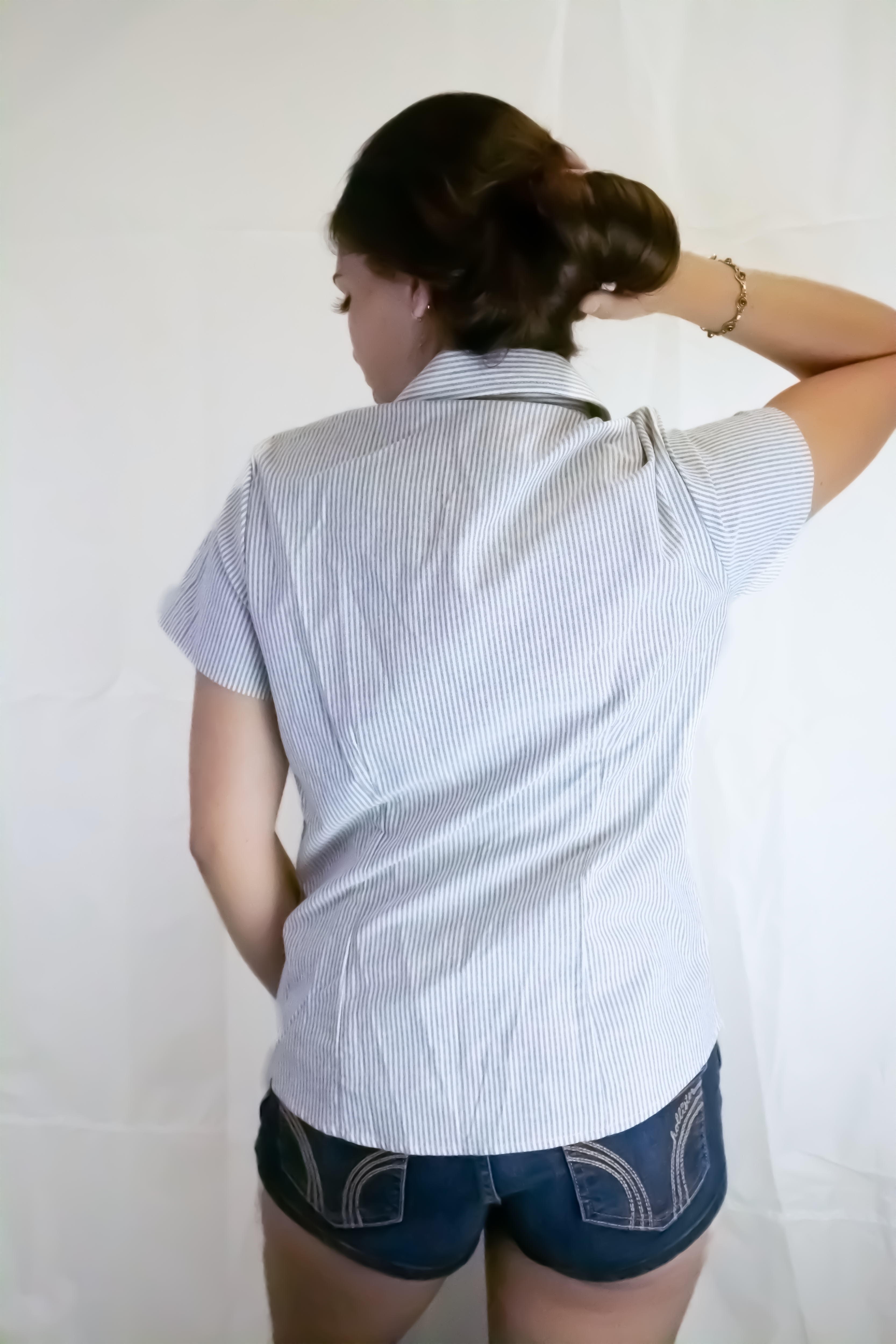 Women’s Short Sleeve Silhouette Striped Button Up Shirt