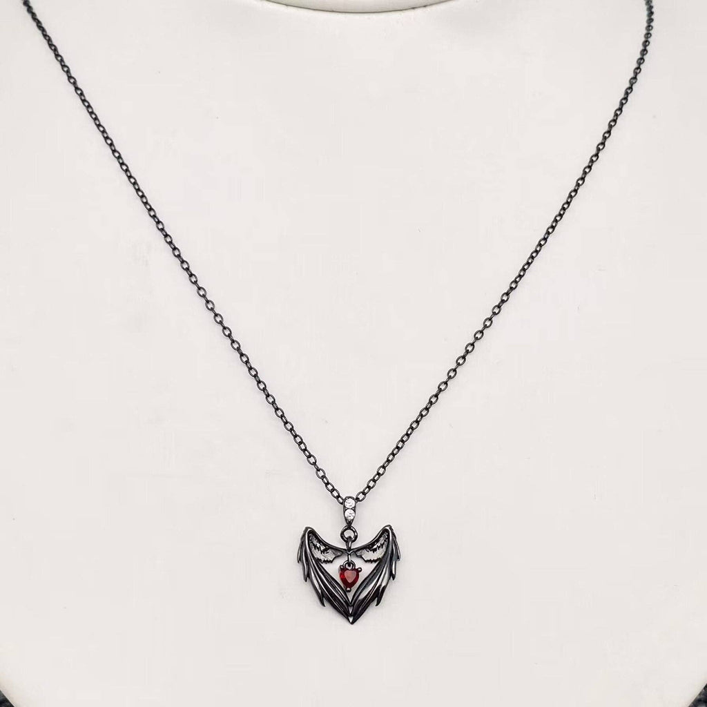 S925 Sterling Silver Black Heart Wing Charm Necklace - GT