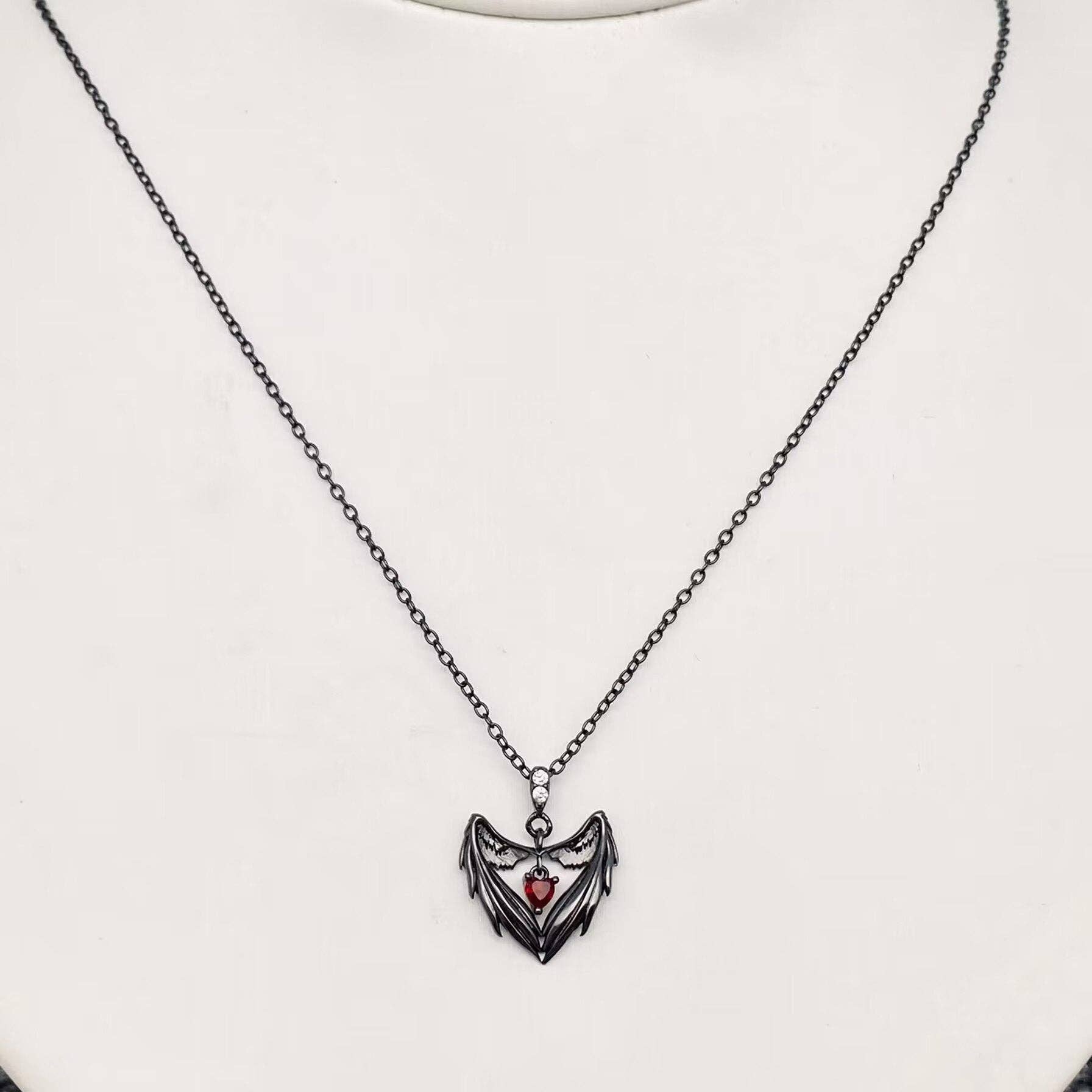 S925 Sterling Silver Black Heart Wing Charm Necklace - GT