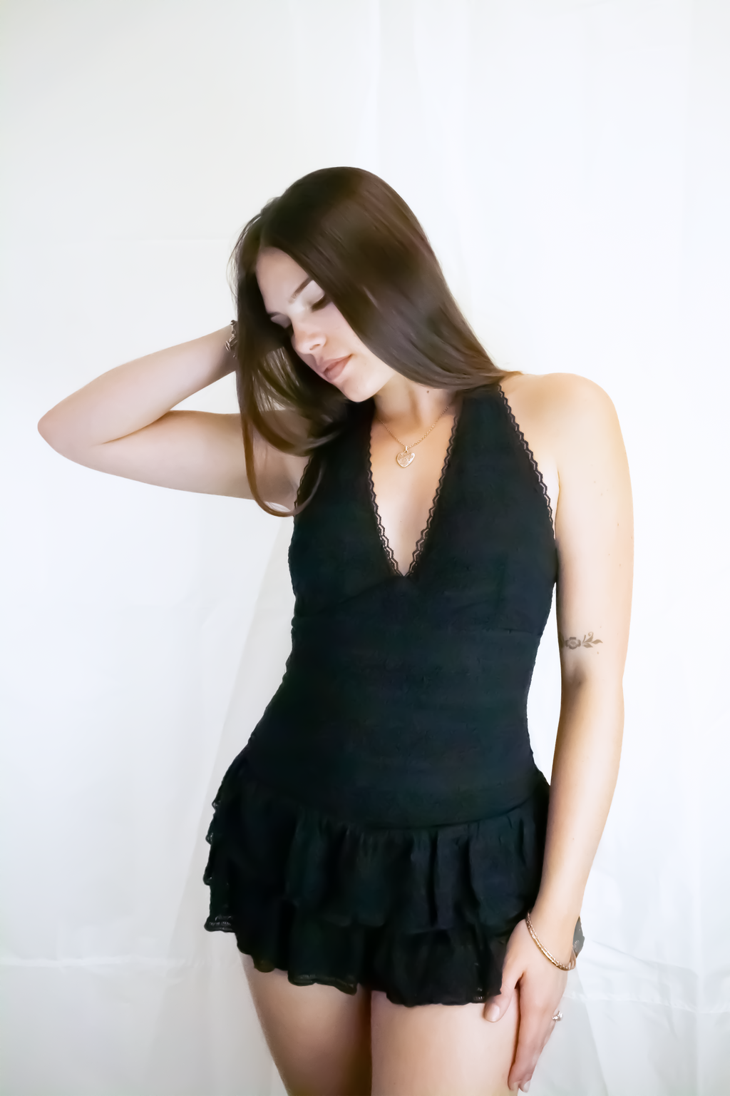 Black Lace Ruffle Halter Tie Romper Mini Dress