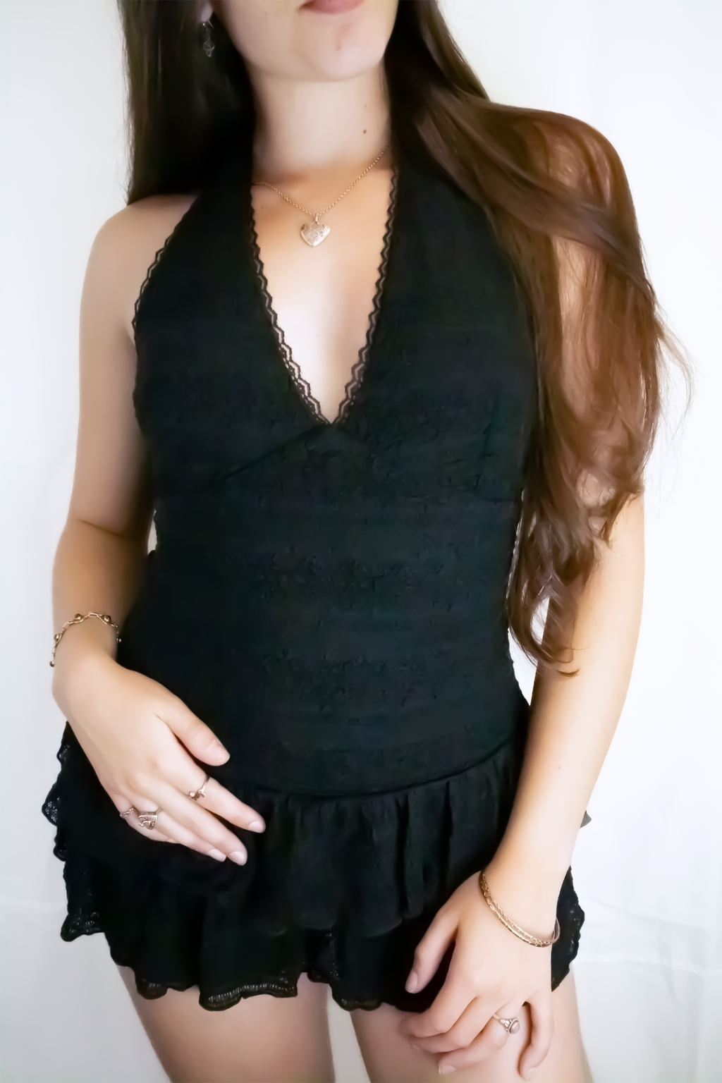 Black Lace Ruffle Halter Tie Romper Mini Dress