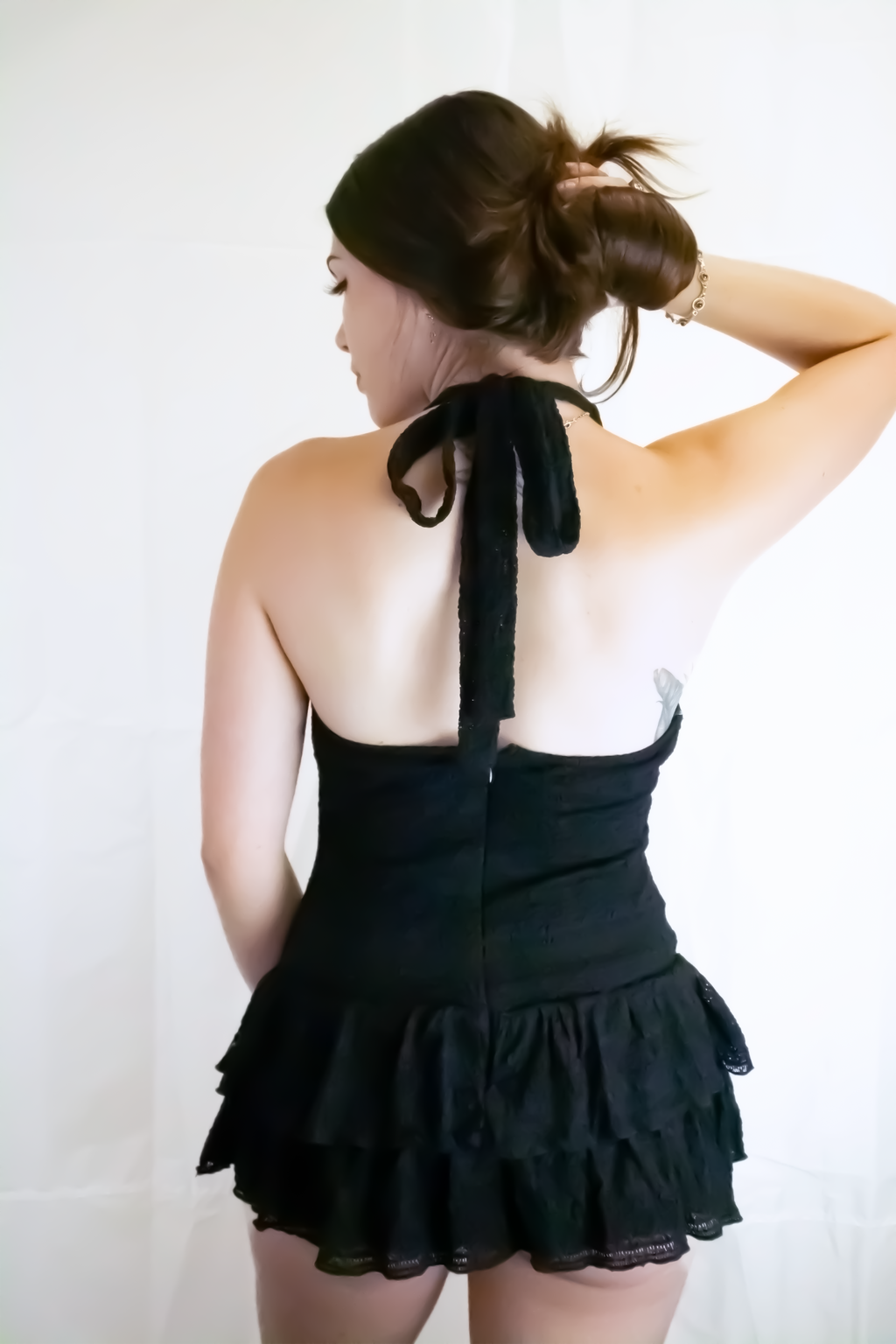 Black Lace Ruffle Halter Tie Romper Mini Dress