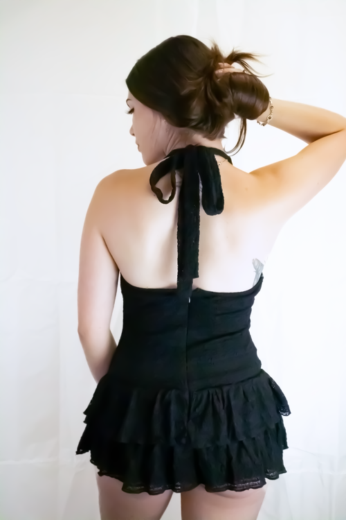 Black Lace Ruffle Halter Tie Romper Mini Dress