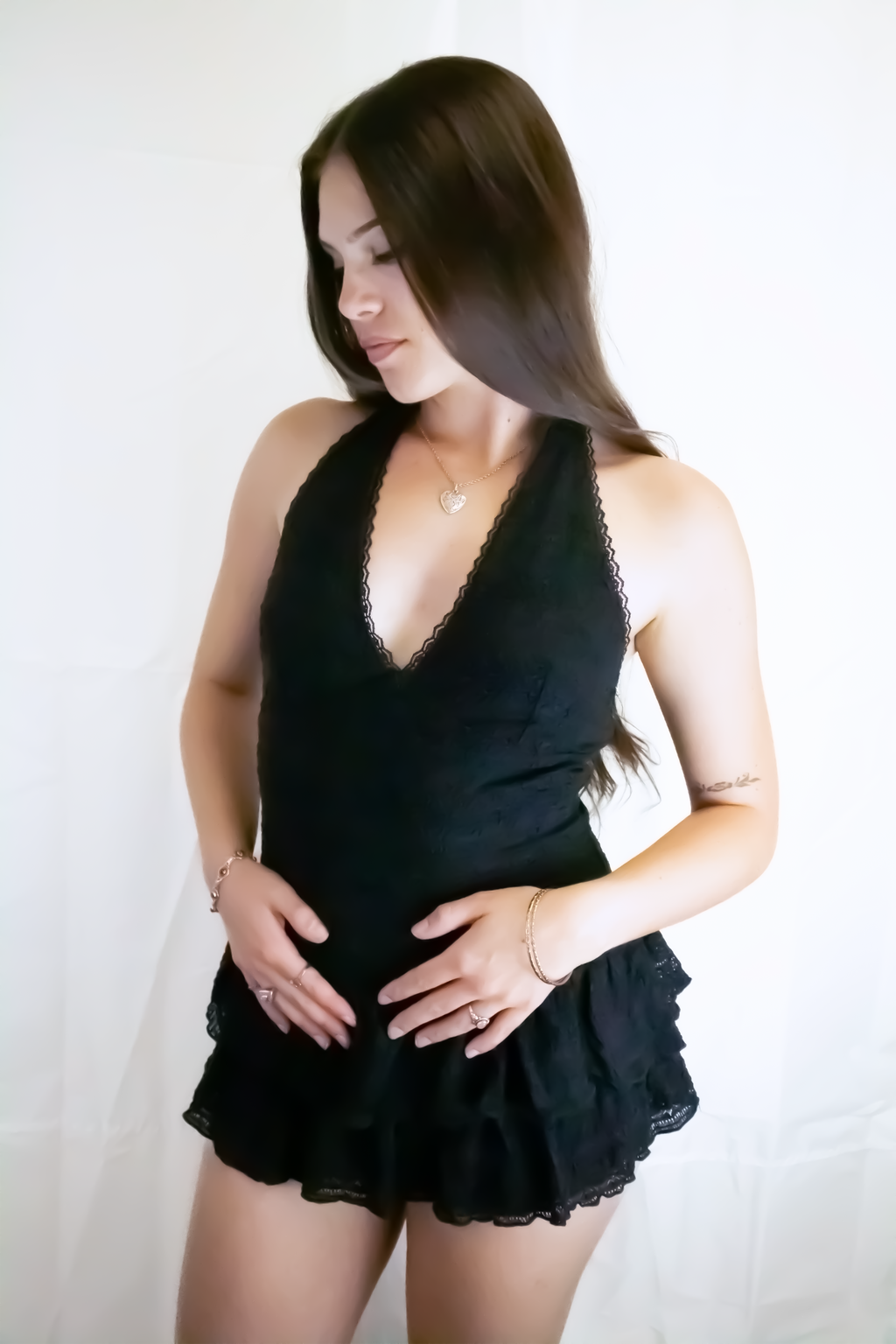 Black Lace Ruffle Halter Tie Romper Mini Dress