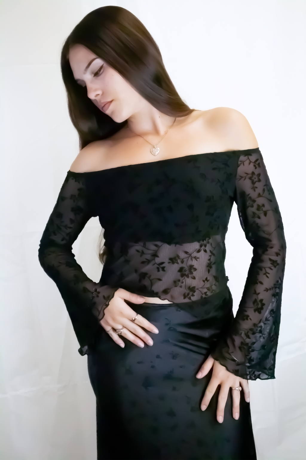 Off-The-Shoulder Floral Mesh Bell Sleeve Top