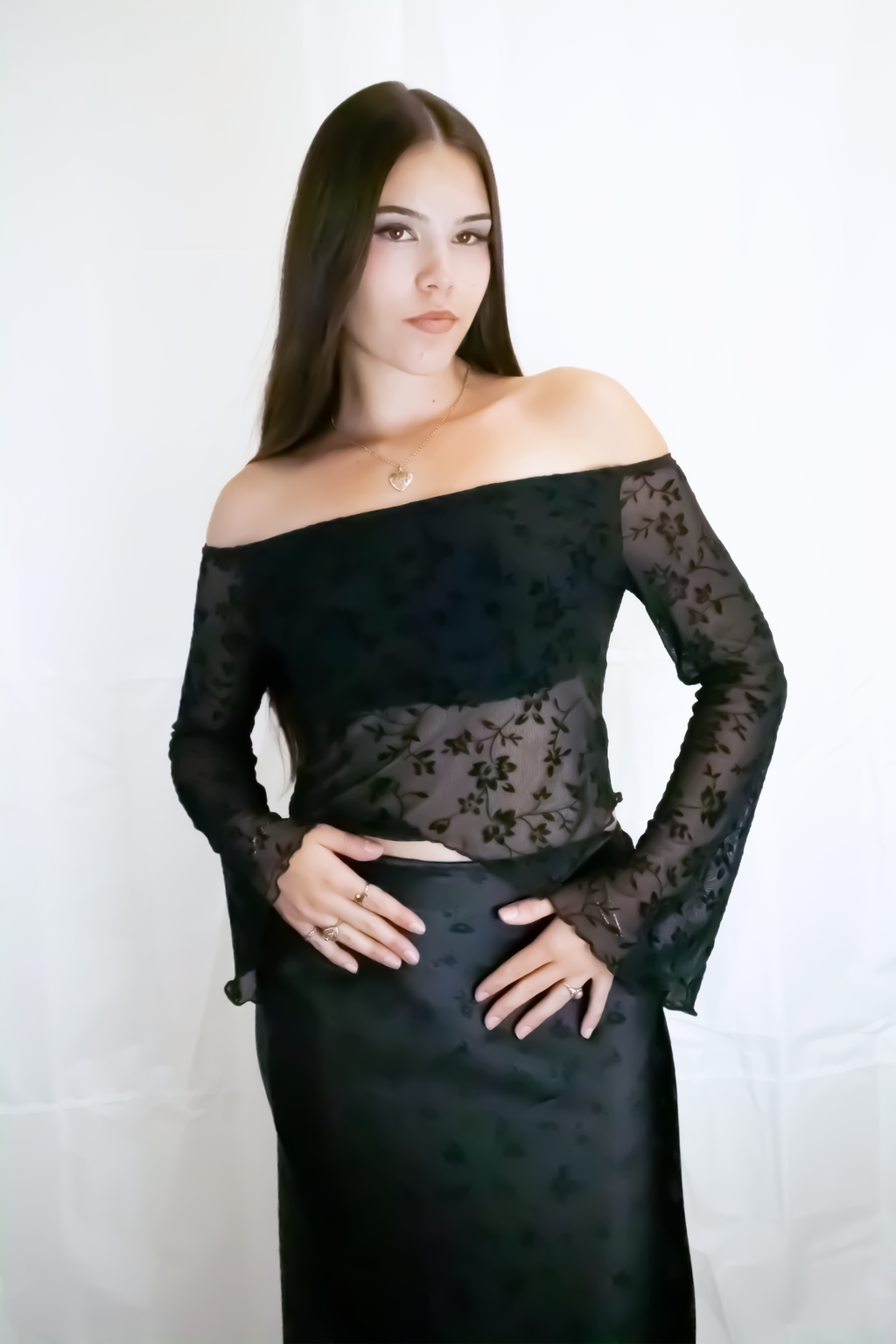Off-The-Shoulder Floral Mesh Bell Sleeve Top