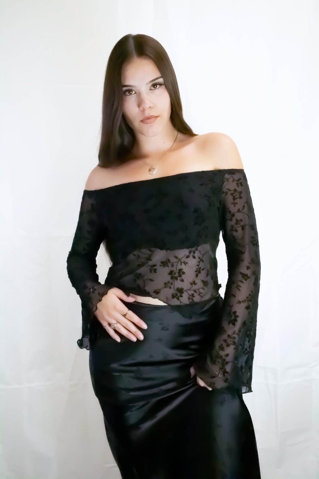 Off-The-Shoulder Floral Mesh Bell Sleeve Top