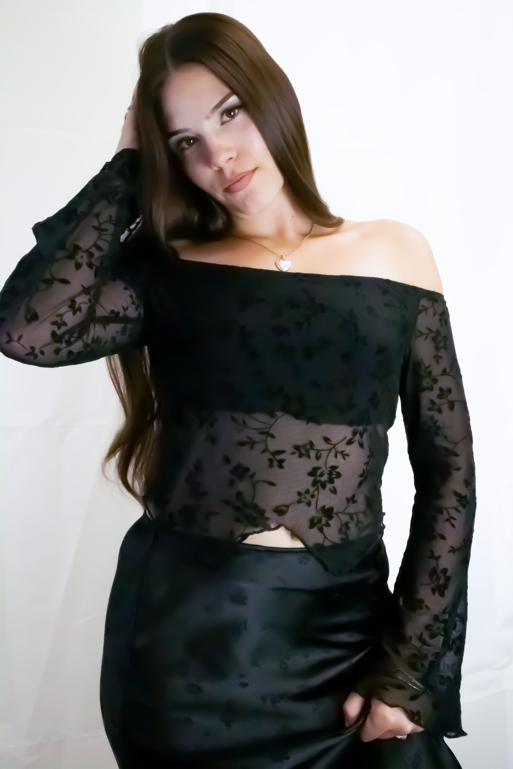 Off-The-Shoulder Floral Mesh Bell Sleeve Top
