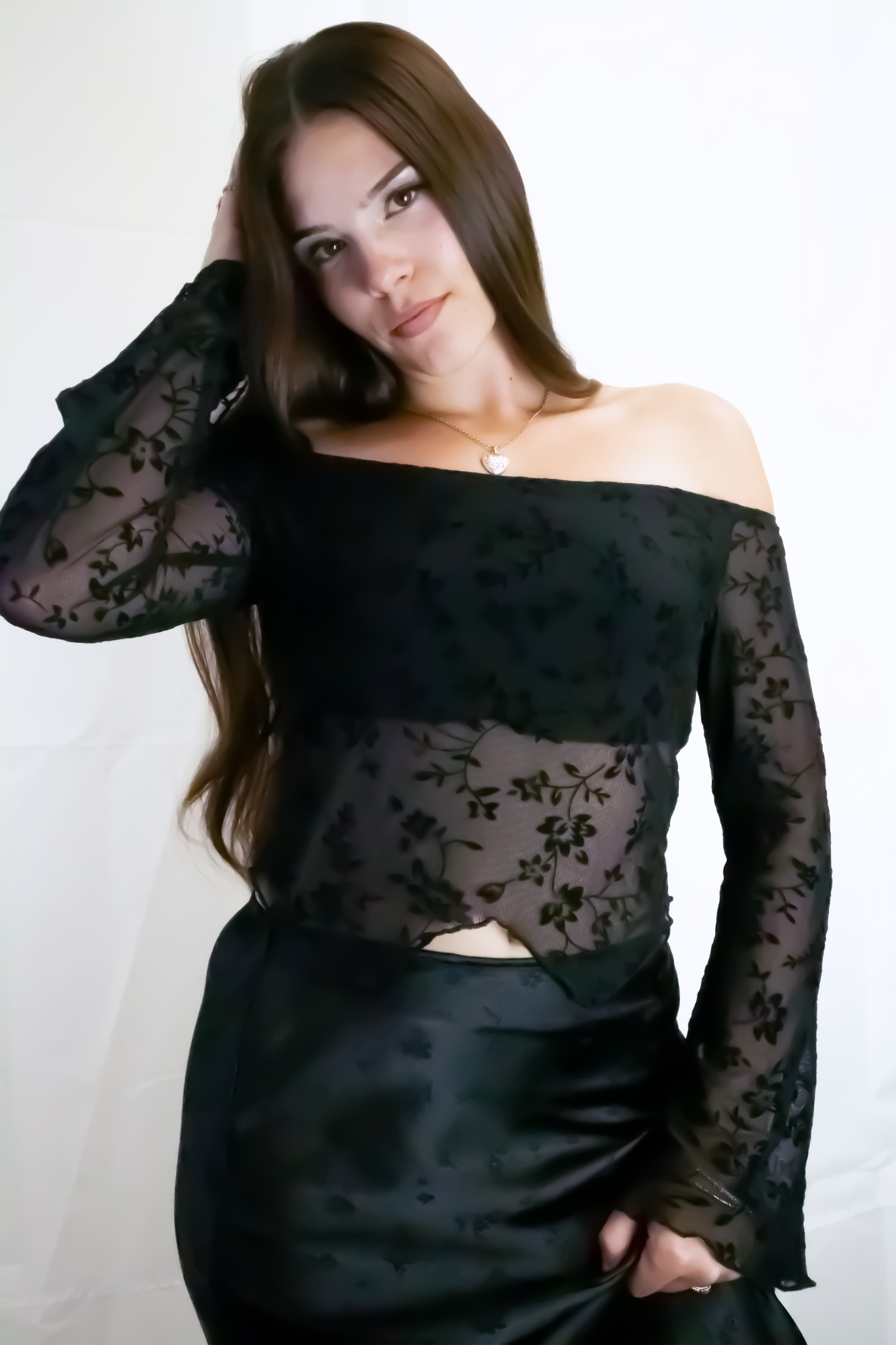 Off-The-Shoulder Floral Mesh Bell Sleeve Top
