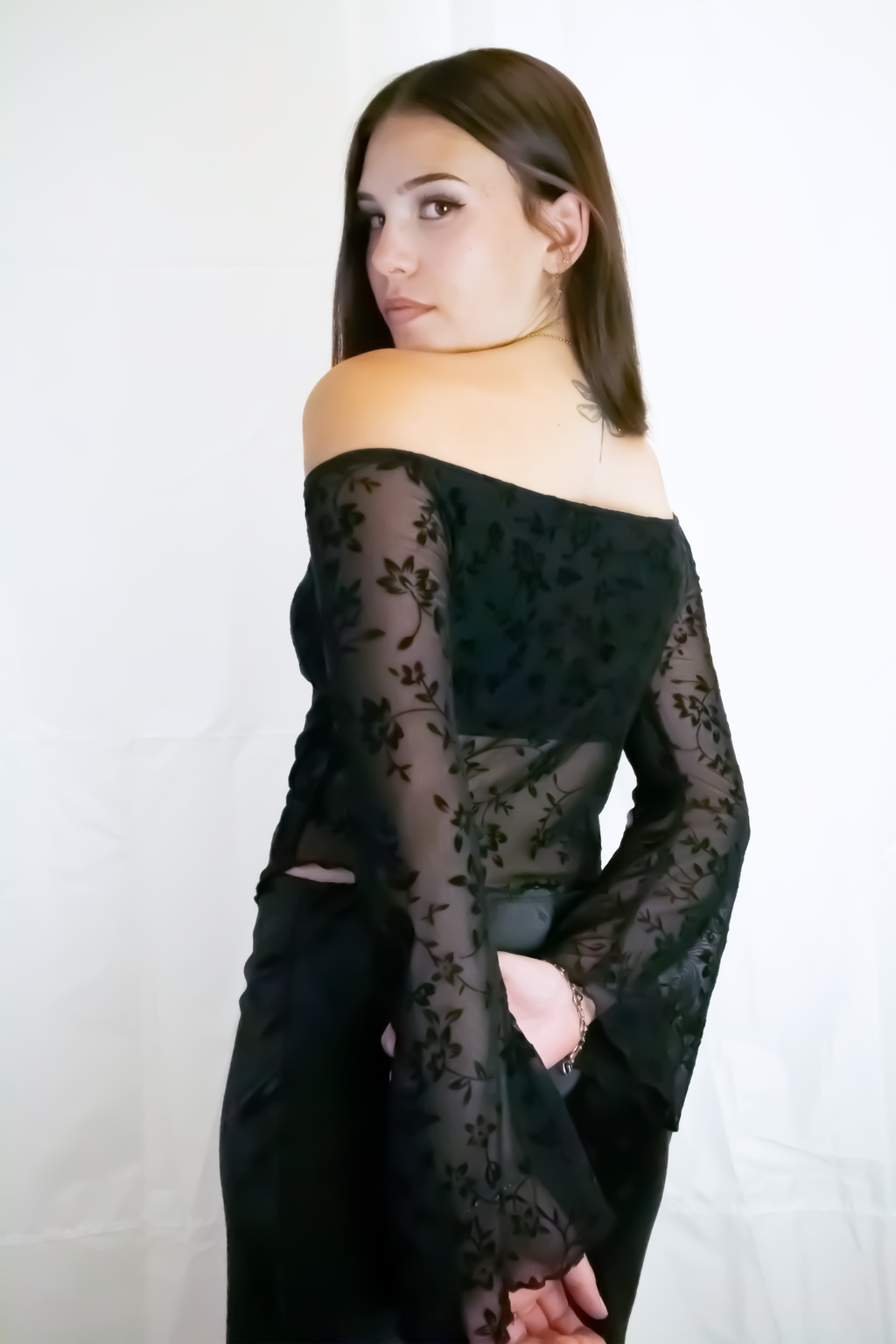 Off-The-Shoulder Floral Mesh Bell Sleeve Top