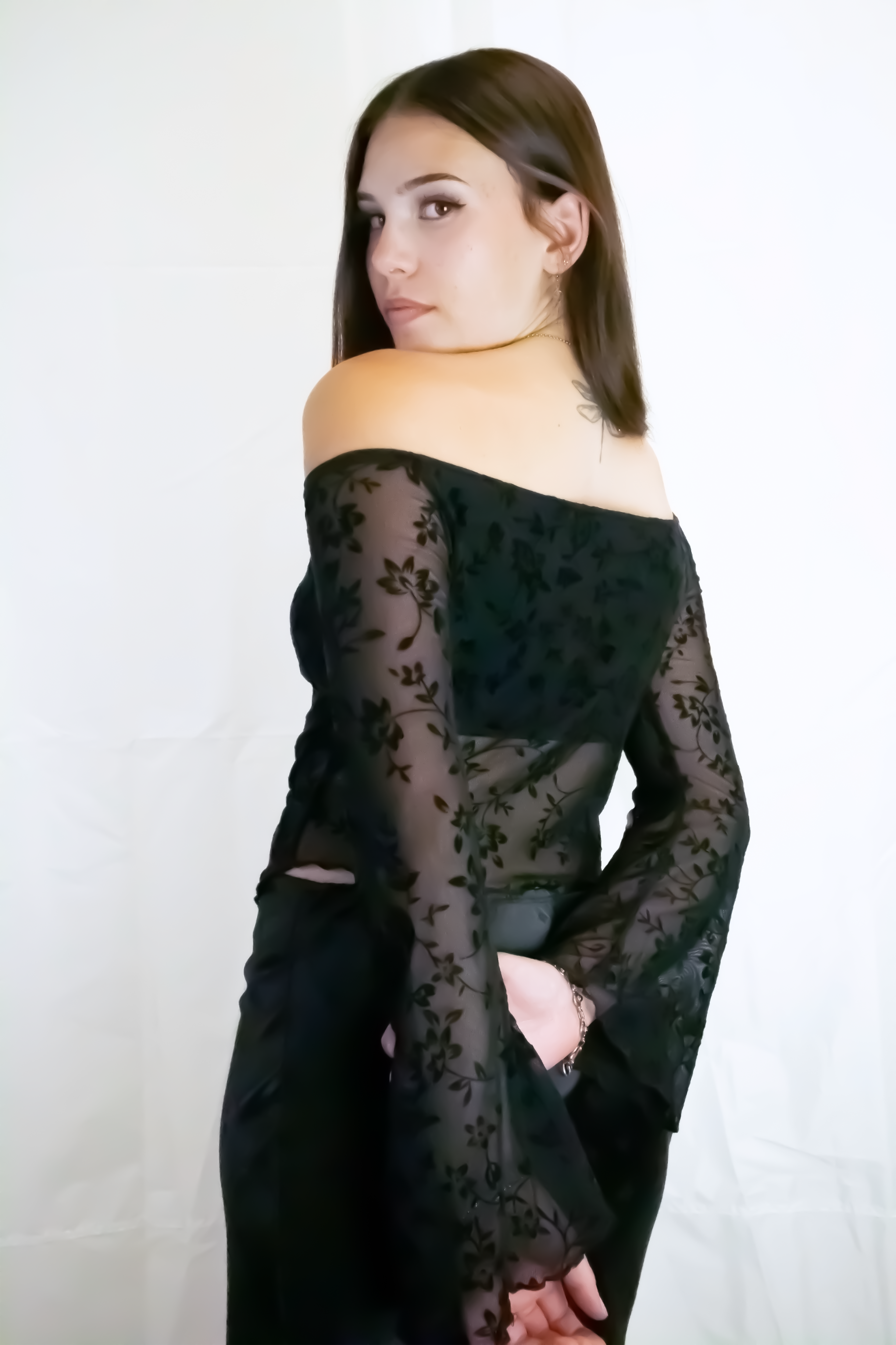 Off-The-Shoulder Floral Mesh Bell Sleeve Top
